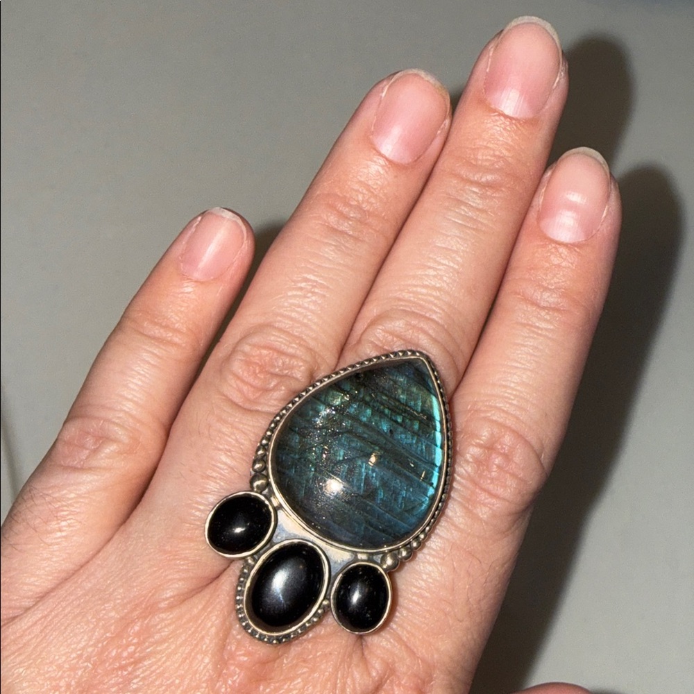 Sterling Silver Labradorite and Black Onyx Statement Ring